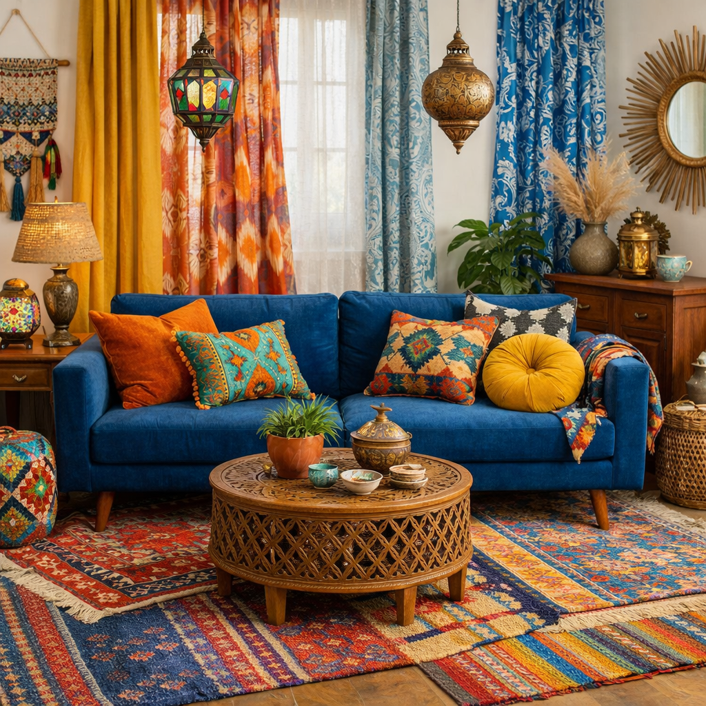 A cozy living room featuring a blue couch with colorful patterned pillows, surrounded by vibrant rugs and decor.