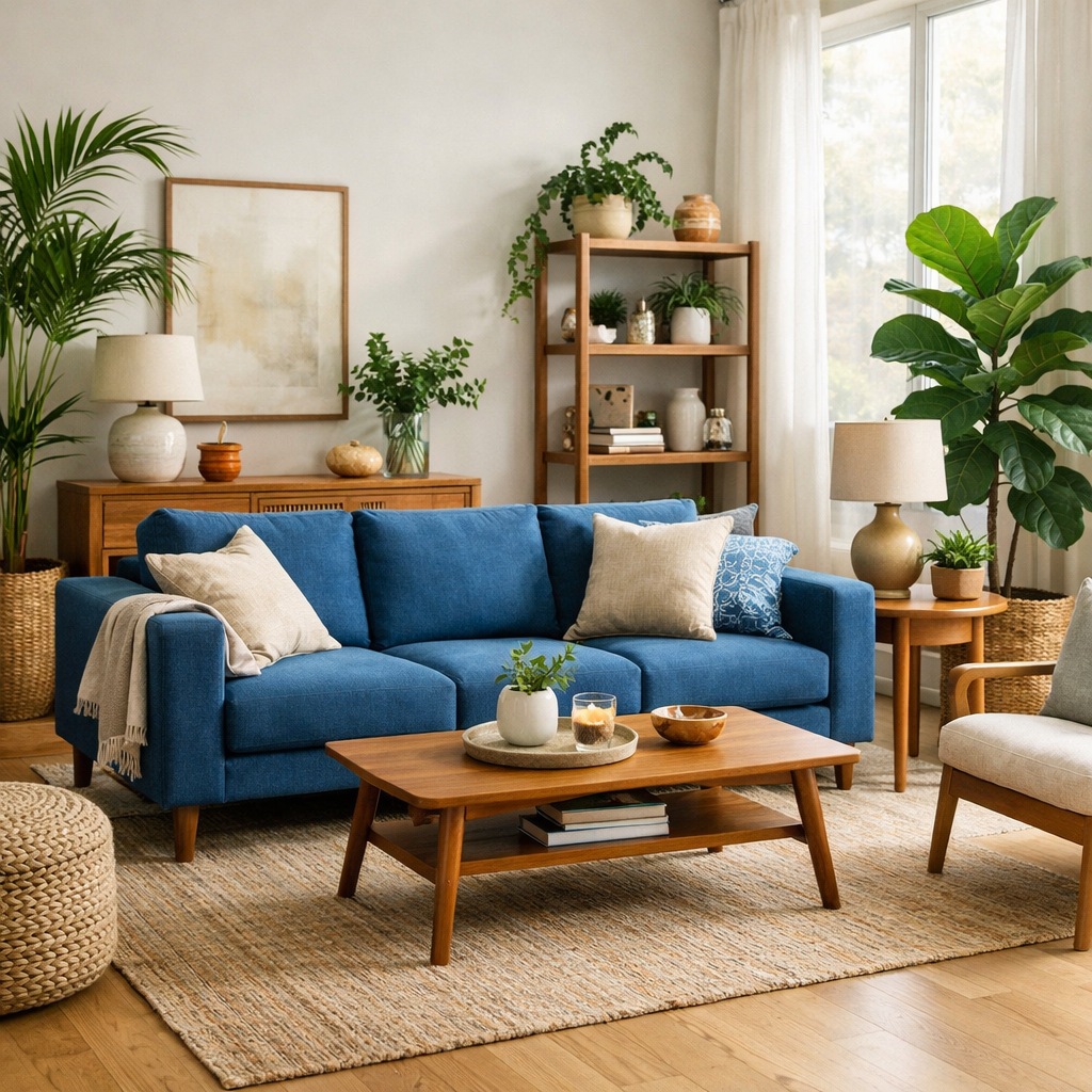 Living room featuring a blue couch with natural elements like plants and wooden furniture.
