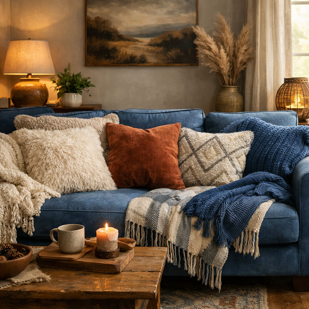 Cozy blue couch adorned with various textured pillows and blankets, creating a comfortable living room setting.