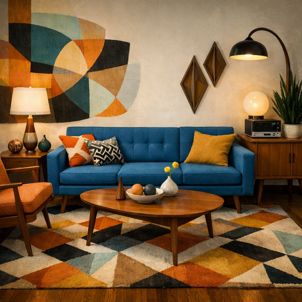 A stylish living room featuring a blue couch, geometric patterned rug, and mid-century modern decor.
