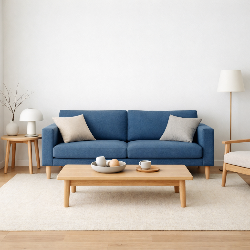A minimalist living room featuring a blue couch, wooden coffee table, and soft lighting.