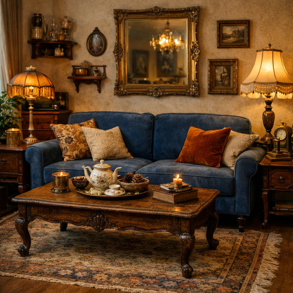 A vintage-inspired living room featuring a blue couch with decorative pillows and an antique wooden coffee table.