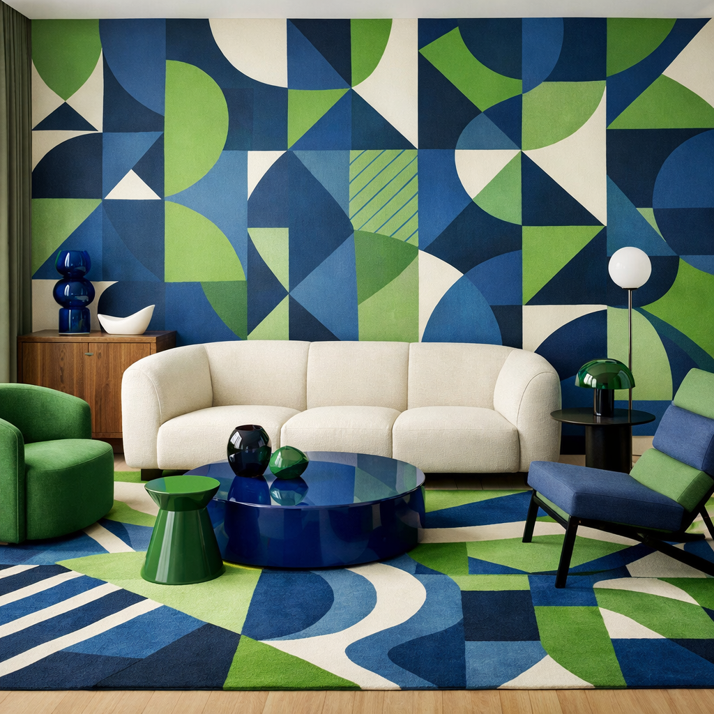 A living room featuring bold geometric patterns in blue and green.