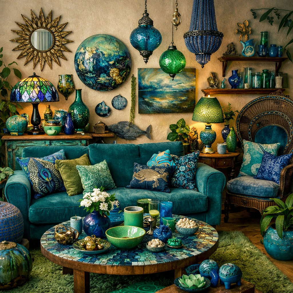 A cozy living room with an eclectic mix of blue and green decor, featuring a teal sofa, patterned cushions, and various decorative items.