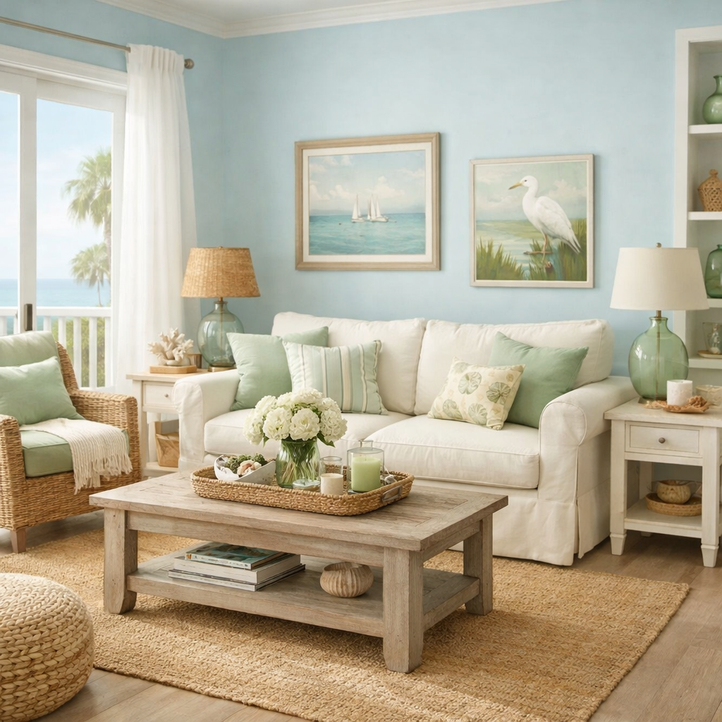 Light and airy living room with blue walls and green accents, featuring natural materials.
