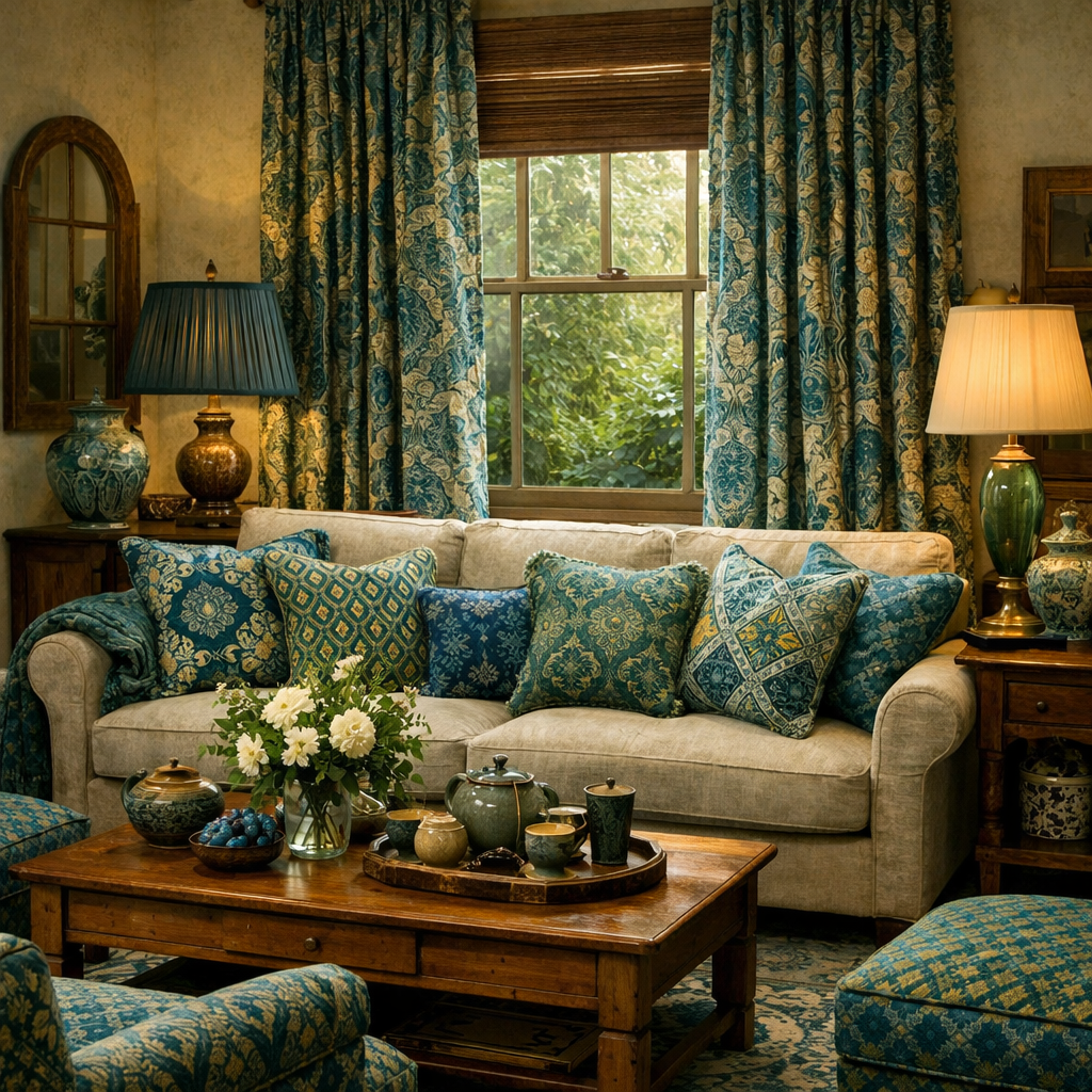 A vintage living room featuring blue and green textiles, including curtains and decorative pillows.