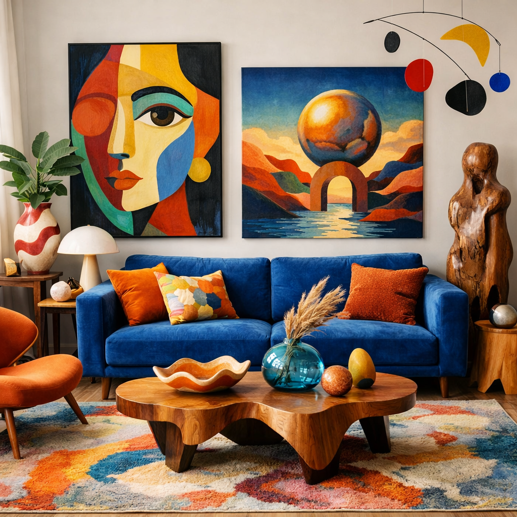 A stylish living room featuring a blue sofa, colorful artwork, and unique decorative elements.