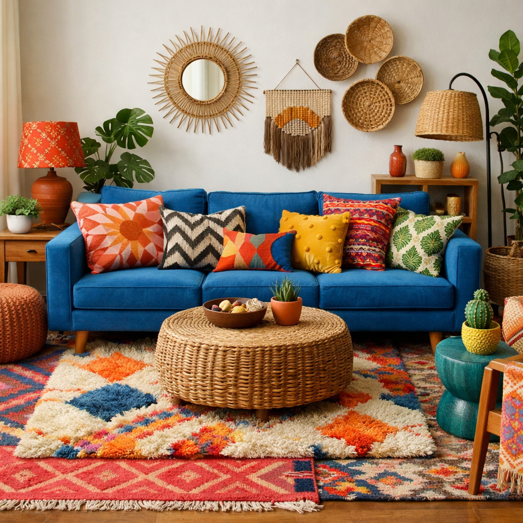 A vibrant living room featuring a blue sofa adorned with colorful patterned pillows, a woven coffee table, and textured rugs.