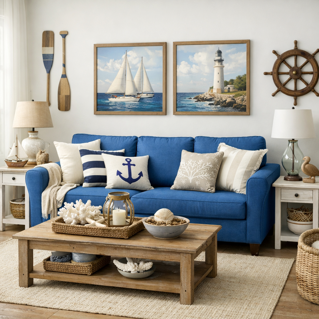 A cozy living room featuring a blue sofa, nautical-themed pillows, a rustic coffee table with decorative items, and coastal artwork on the walls.