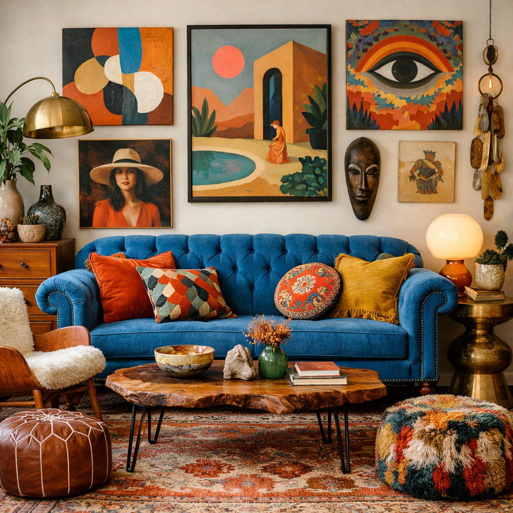 A vibrant living room featuring a blue vintage sofa surrounded by eclectic art and decorative accessories.