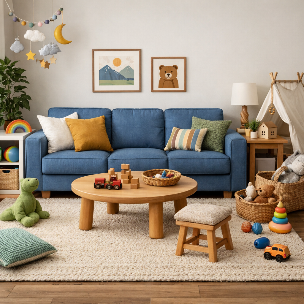 Cozy family-friendly living room featuring a blue sofa with cushions, play items, and a round coffee table.