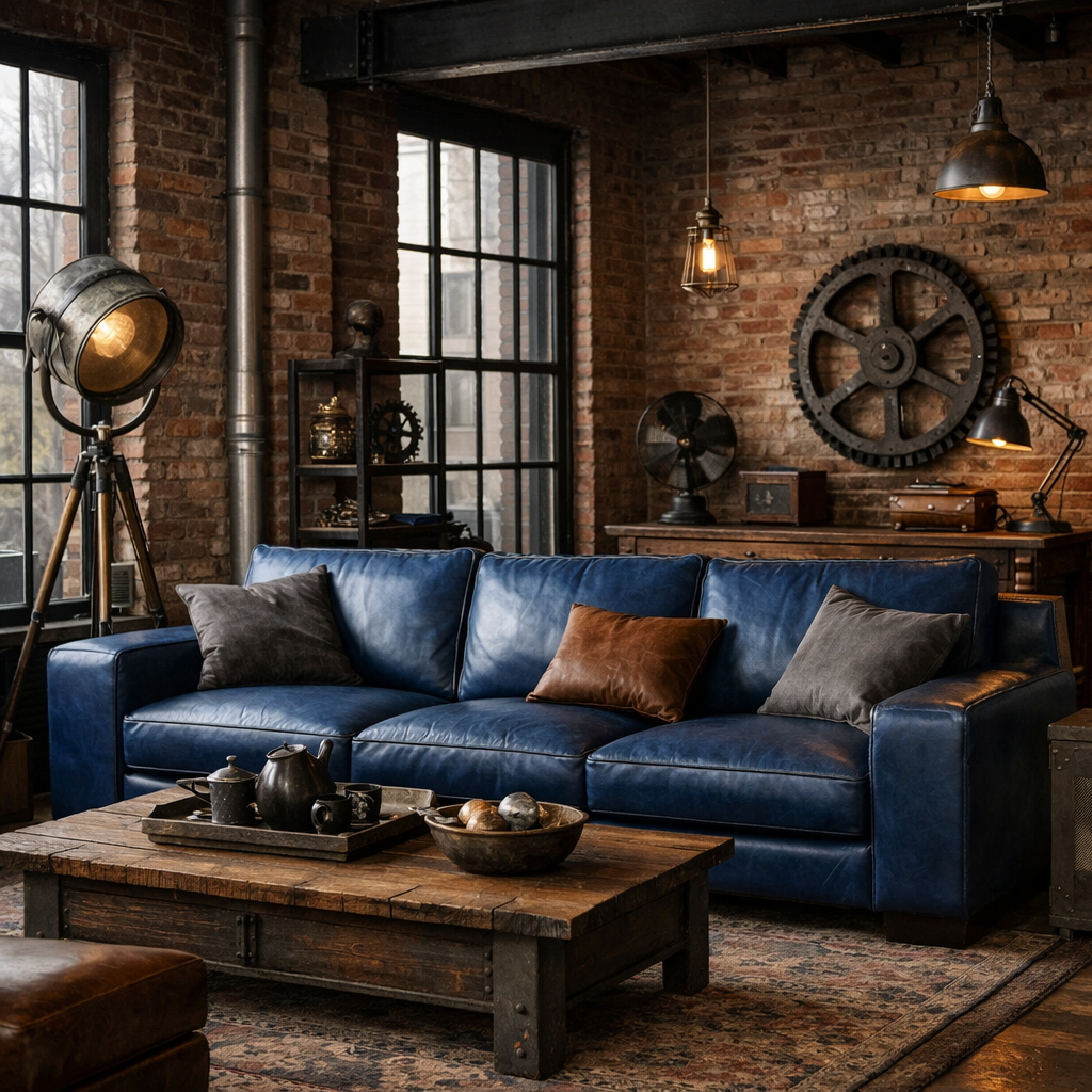 A stylish living room featuring a blue leather sofa, wooden accents, and industrial decor
