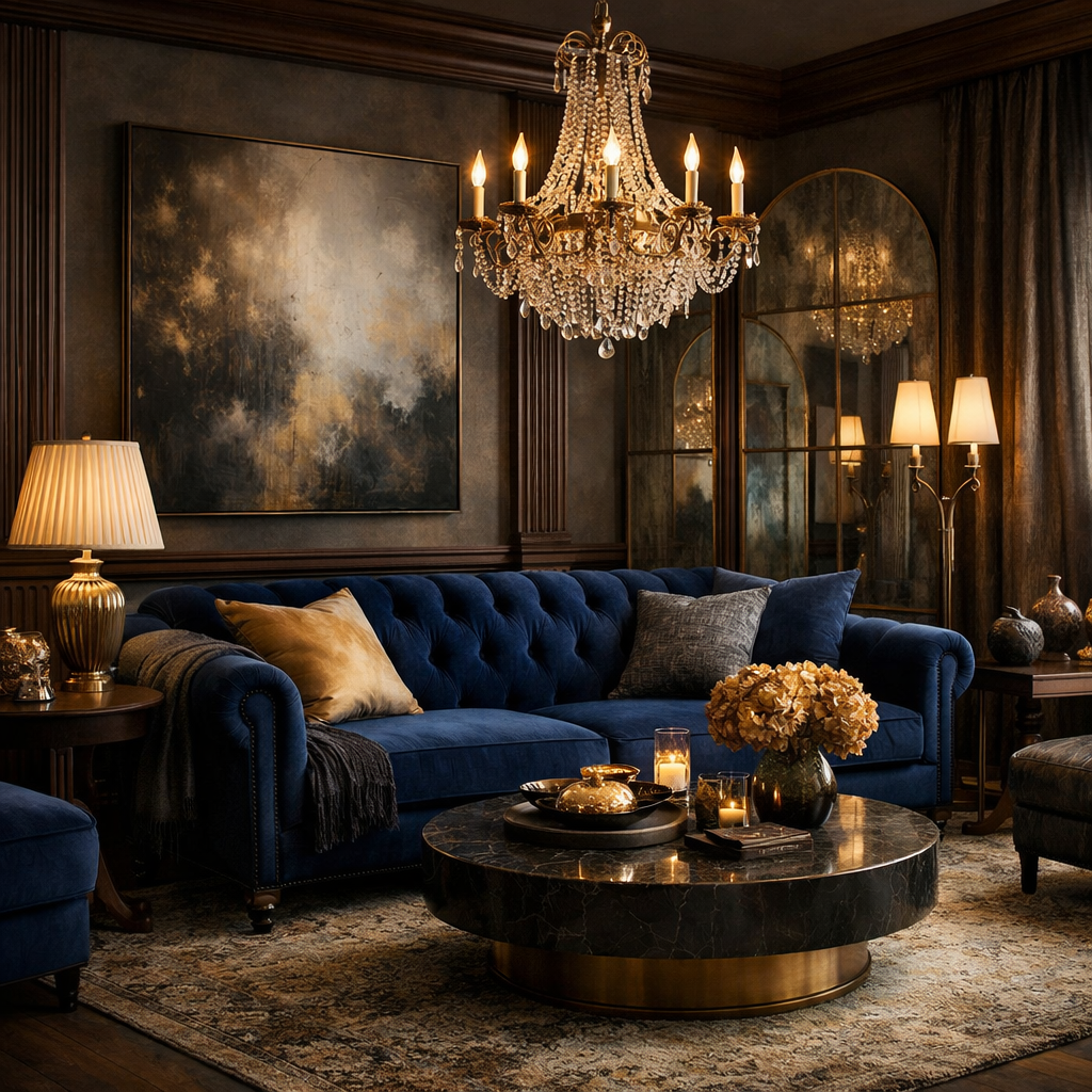 A luxurious living room featuring a deep blue velvet sofa, elegant chandelier, and stylish decor.