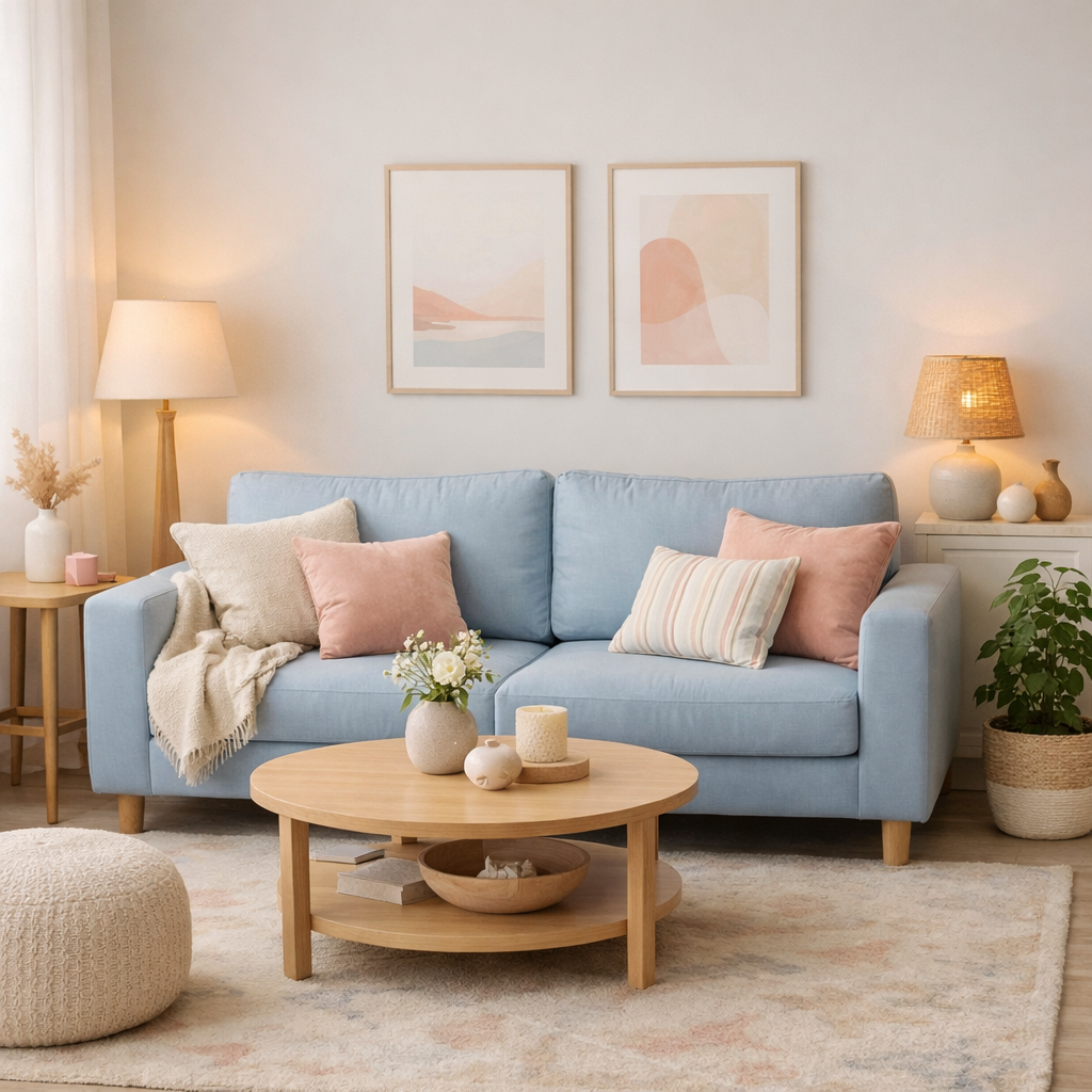 A cozy living room featuring a light blue sofa, decorated with soft pillows, a round wooden coffee table, and warm lighting.
