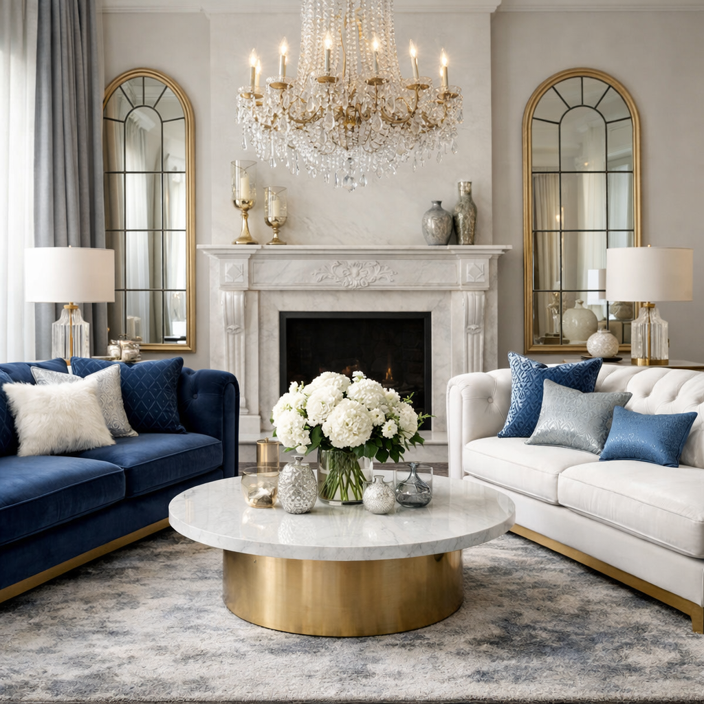 Luxurious blue and white living room with velvet textures