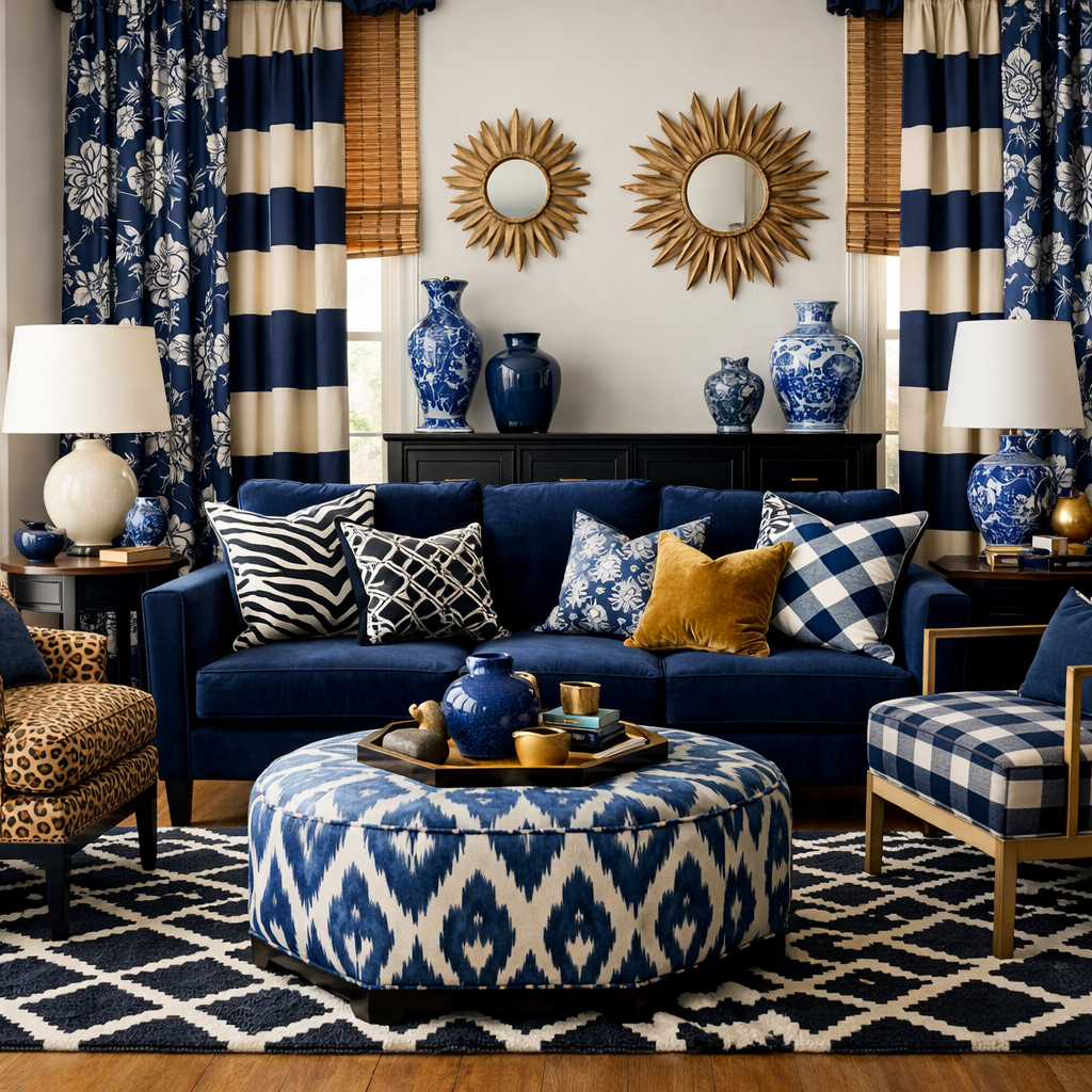 A stylish navy blue living room with mixed patterns in pillows, ottoman, and curtains.