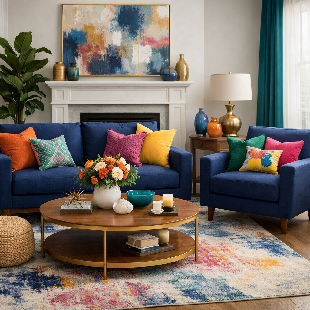 Living room featuring navy blue furniture with colorful throws and decor.
