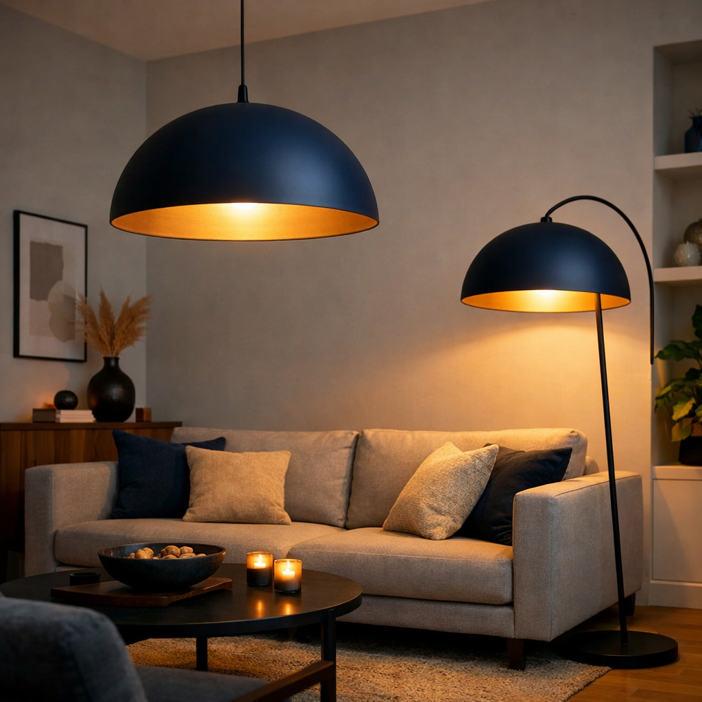 A cozy living room featuring navy blue lighting fixtures, a beige sofa with decorative pillows, and candles on a black coffee table.