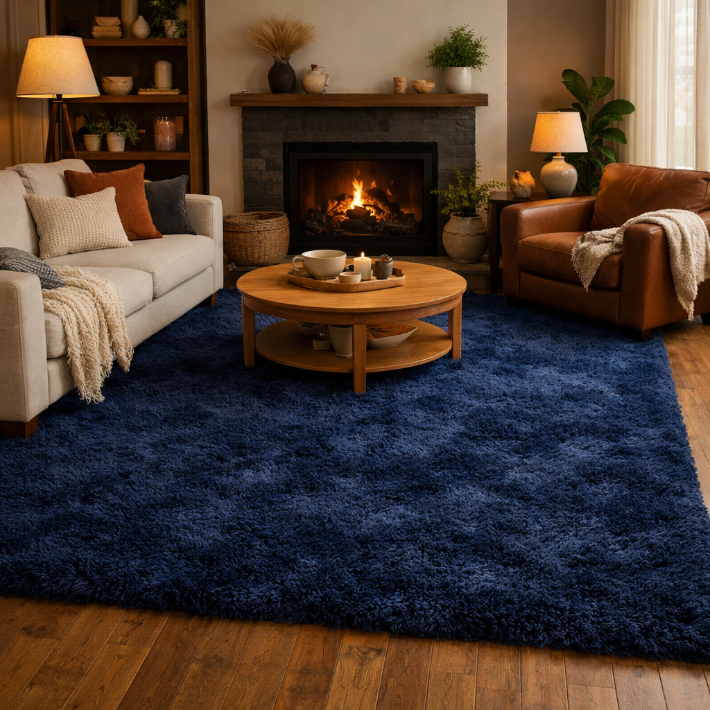 A cozy living room scene featuring a navy blue rug, a light-colored sofa with patterned cushions, a wooden coffee table, and a warm fireplace.