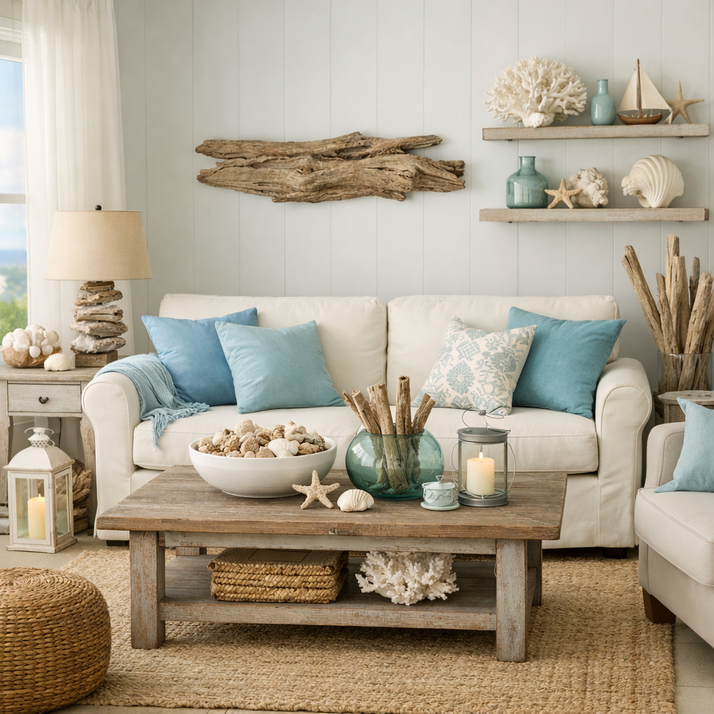 A light blue coastal-inspired living room featuring white furniture, natural decor, and a relaxed atmosphere.