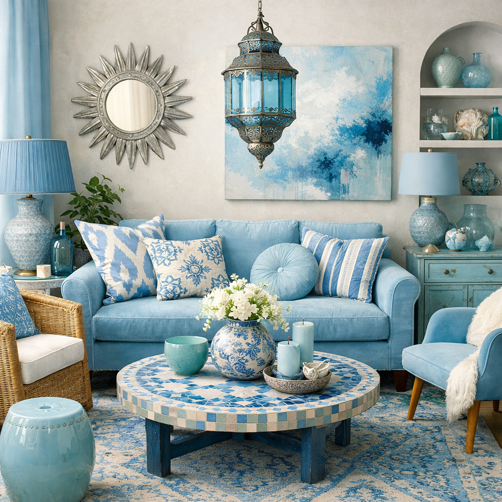 Spacious living room decorated in various shades of light blue with eclectic decor elements.