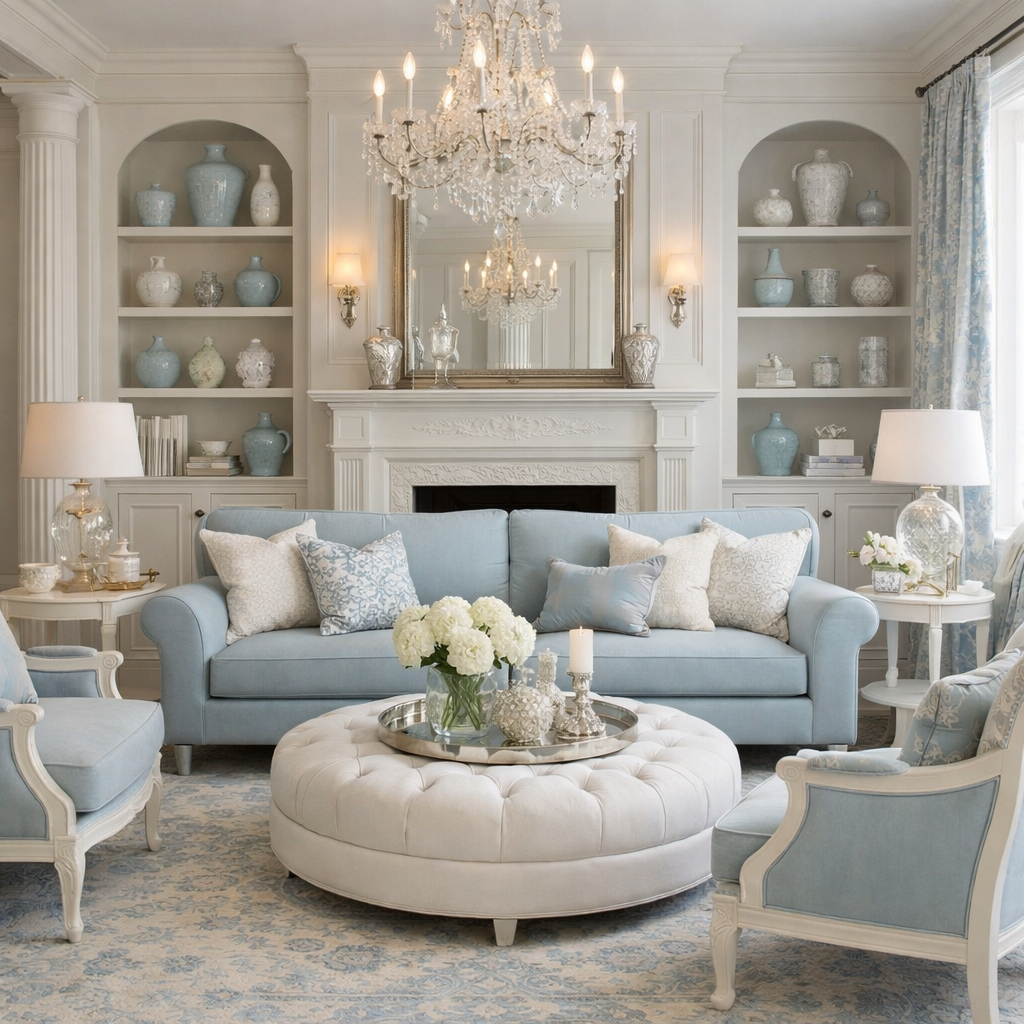 Elegant light blue and white living room with a chandelier, decorative accents, and cozy furniture.