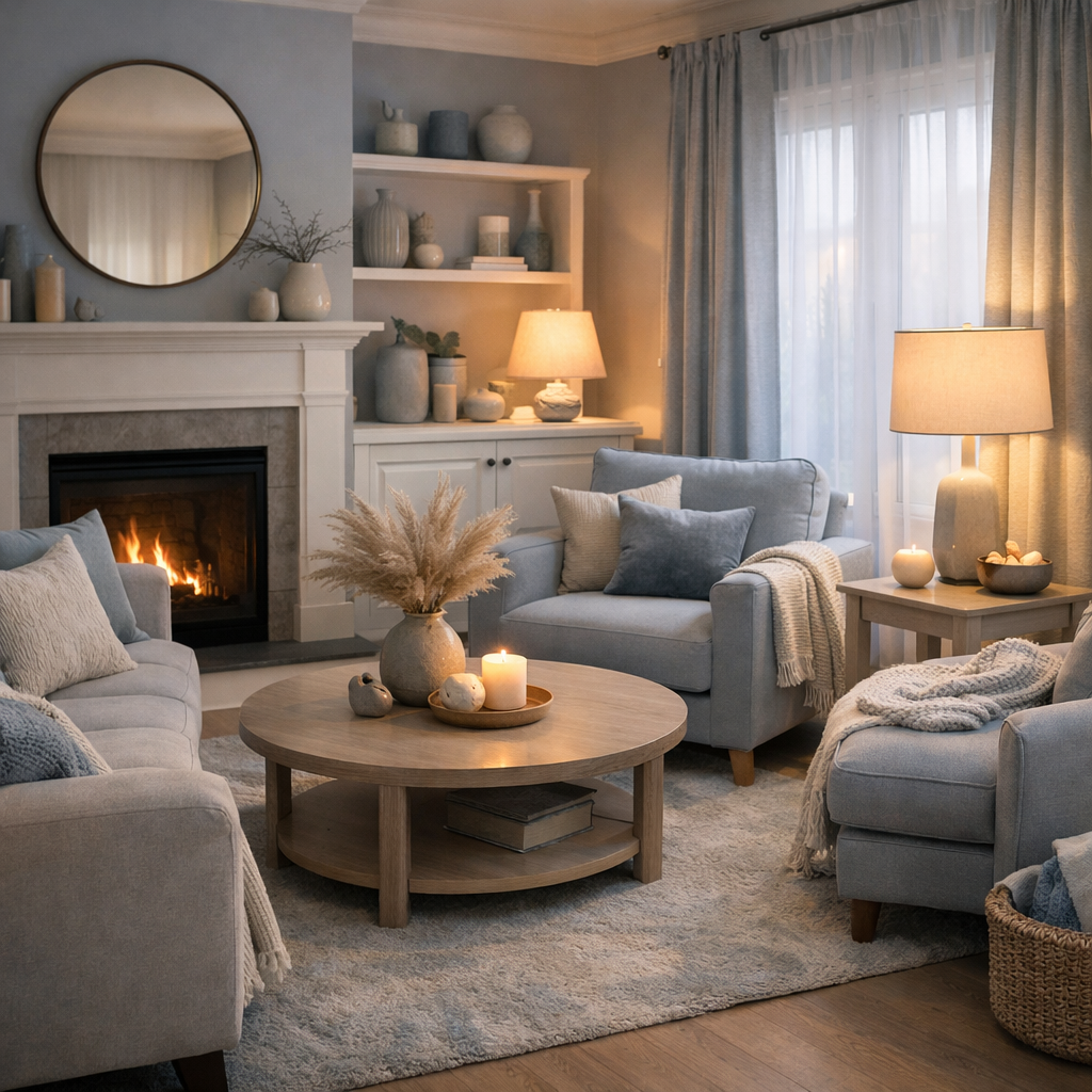 Cozy light blue and gray themed living room with plush furniture and warm lighting.