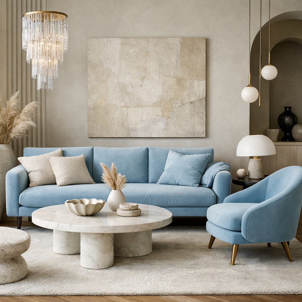 Light blue sofa and chair in a stylish living room with a marble coffee table.