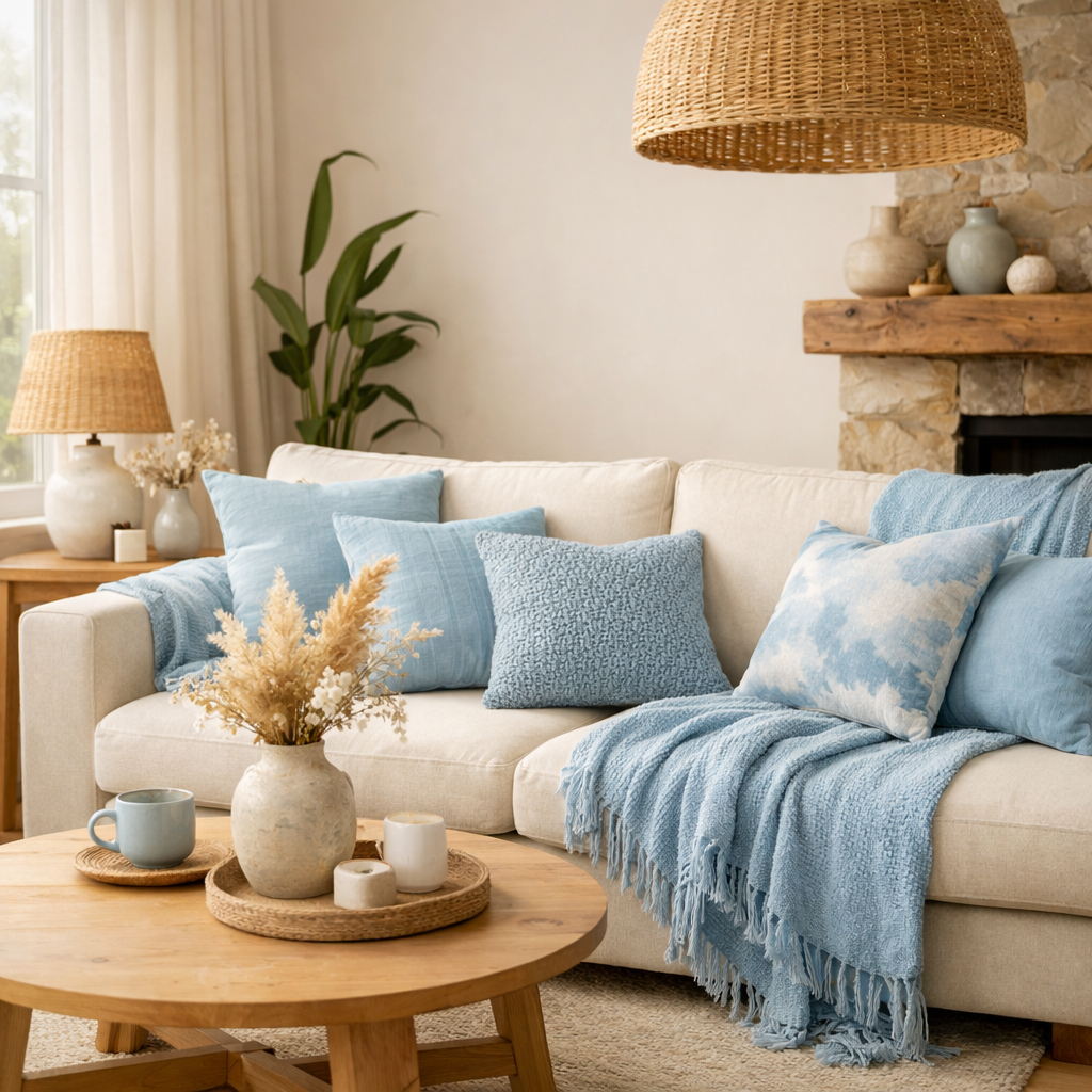 Cozy living room with light blue textiles, featuring a beige sofa with various blue cushions and a light blue throw blanket.