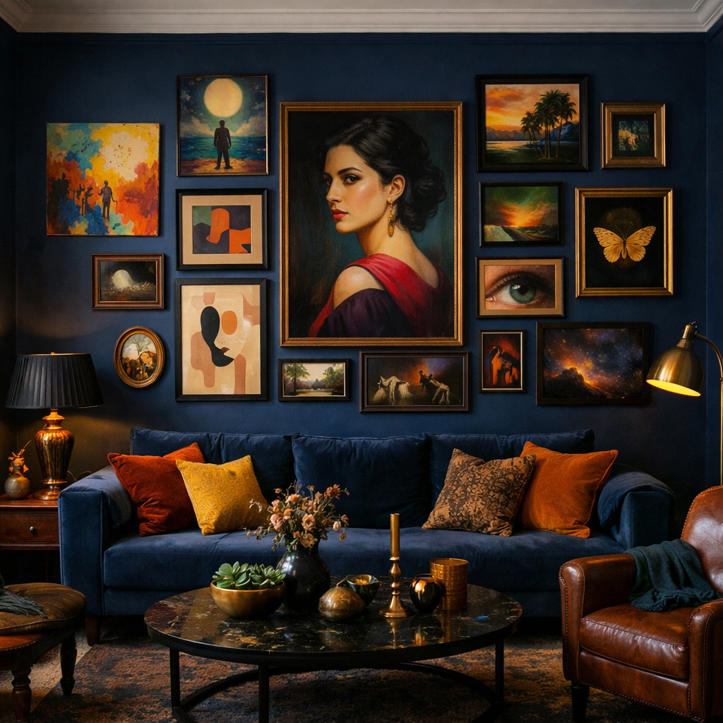 A dark blue living room with an accent wall covered in eclectic artwork, featuring a mix of portraits and landscapes surrounding a cozy sofa.