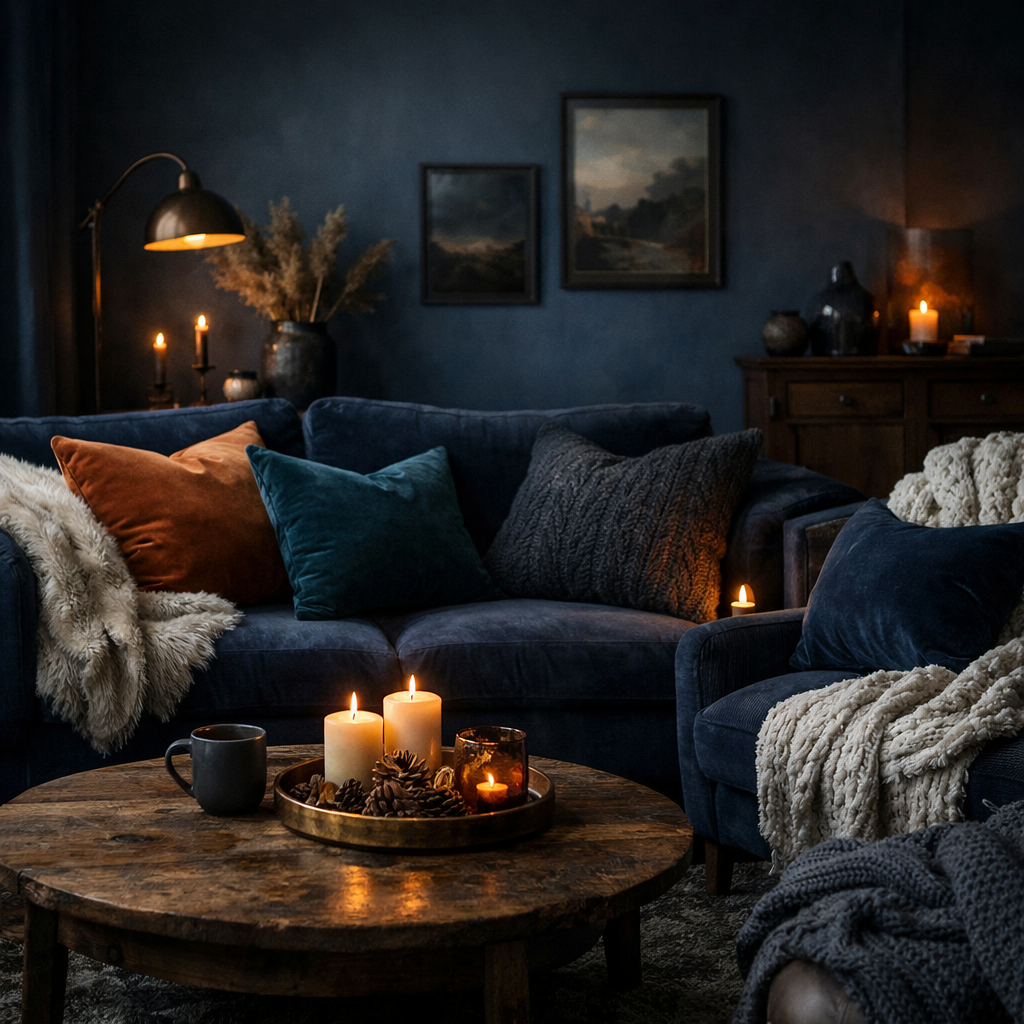 A dark blue living room with a plush sofa, colorful throw pillows, candles on a coffee table, and cozy textures.