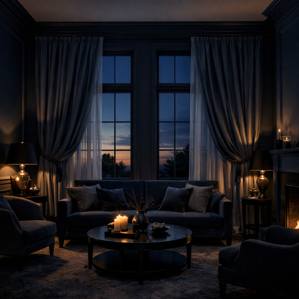A cozy living room featuring elegant dark blue curtains, a comfortable sofa, and soft candlelight.