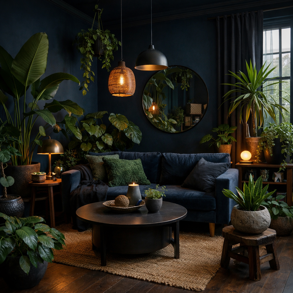 A cozy dark blue living room filled with various indoor plants, featuring a blue velvet sofa and natural elements.