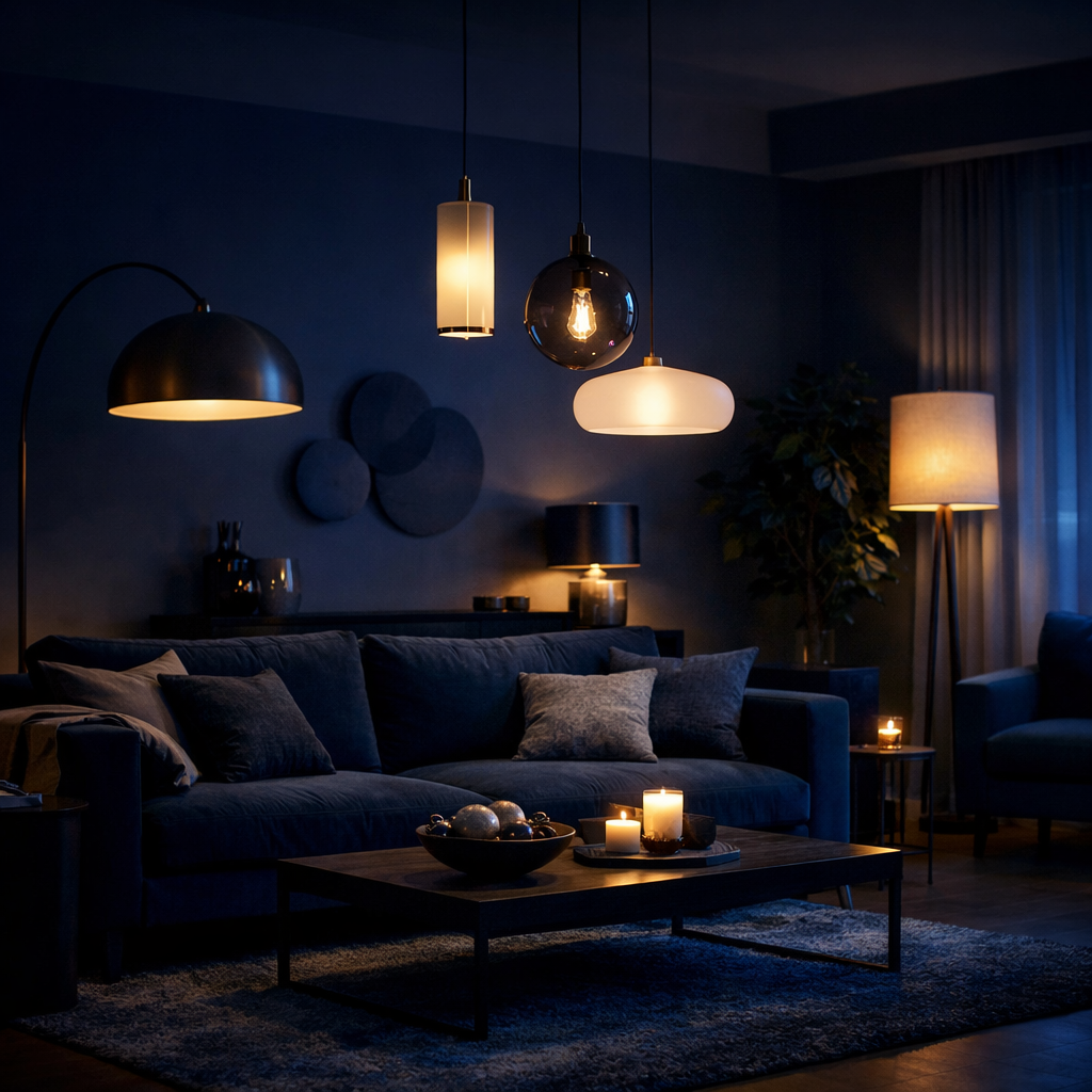 Dark blue living room with various layered lighting fixtures
