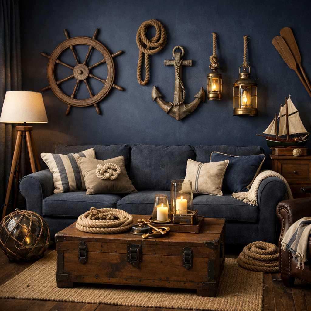 A dark blue living room decorated with nautical elements, including a ship's wheel, anchor, and cozy furnishings.