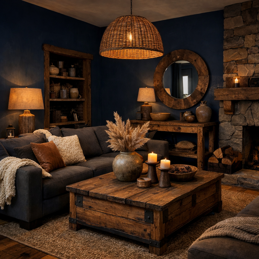 A cozy dark blue living room with rustic wood furniture and decor elements, featuring a wooden coffee table, shelves, and a woven lamp.