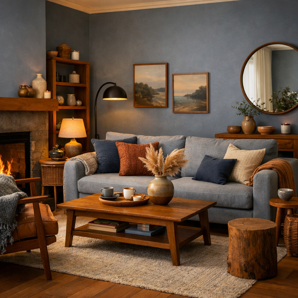 Cozy blue grey living room with wooden elements, soft sofa, and decorative accessories