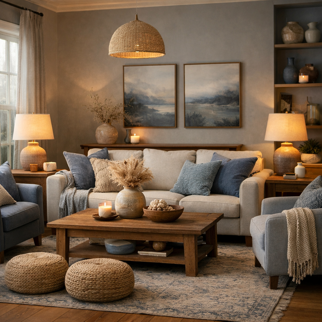 Cozy blue-grey living room with soft lighting and natural decor