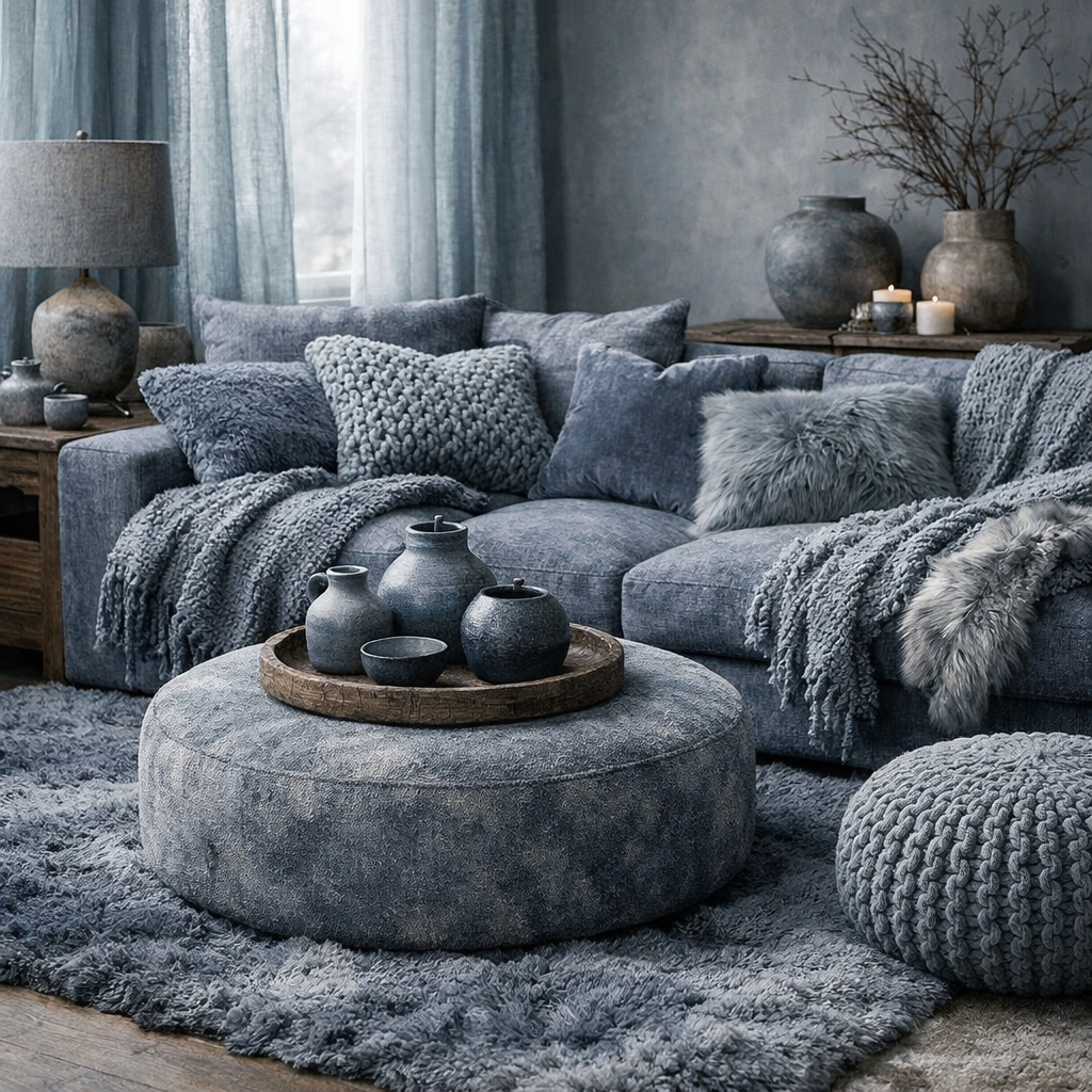 Cozy blue grey living room featuring layered textures with a plush sofa, various throw pillows, soft rugs, and decorative vases.
