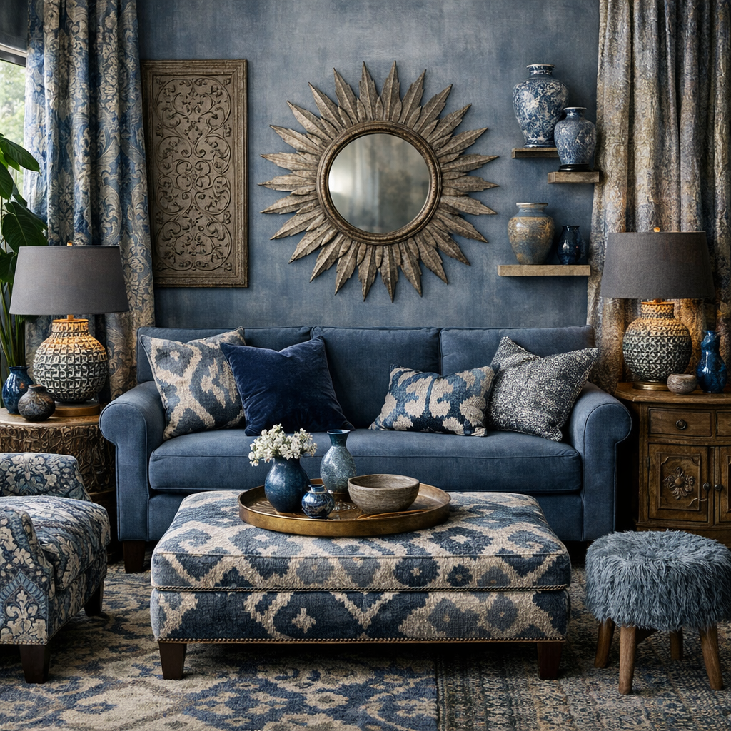 A beautifully decorated blue grey living room featuring a blue sofa with patterned cushions, a patterned ottoman, and decorative vases on shelves.
