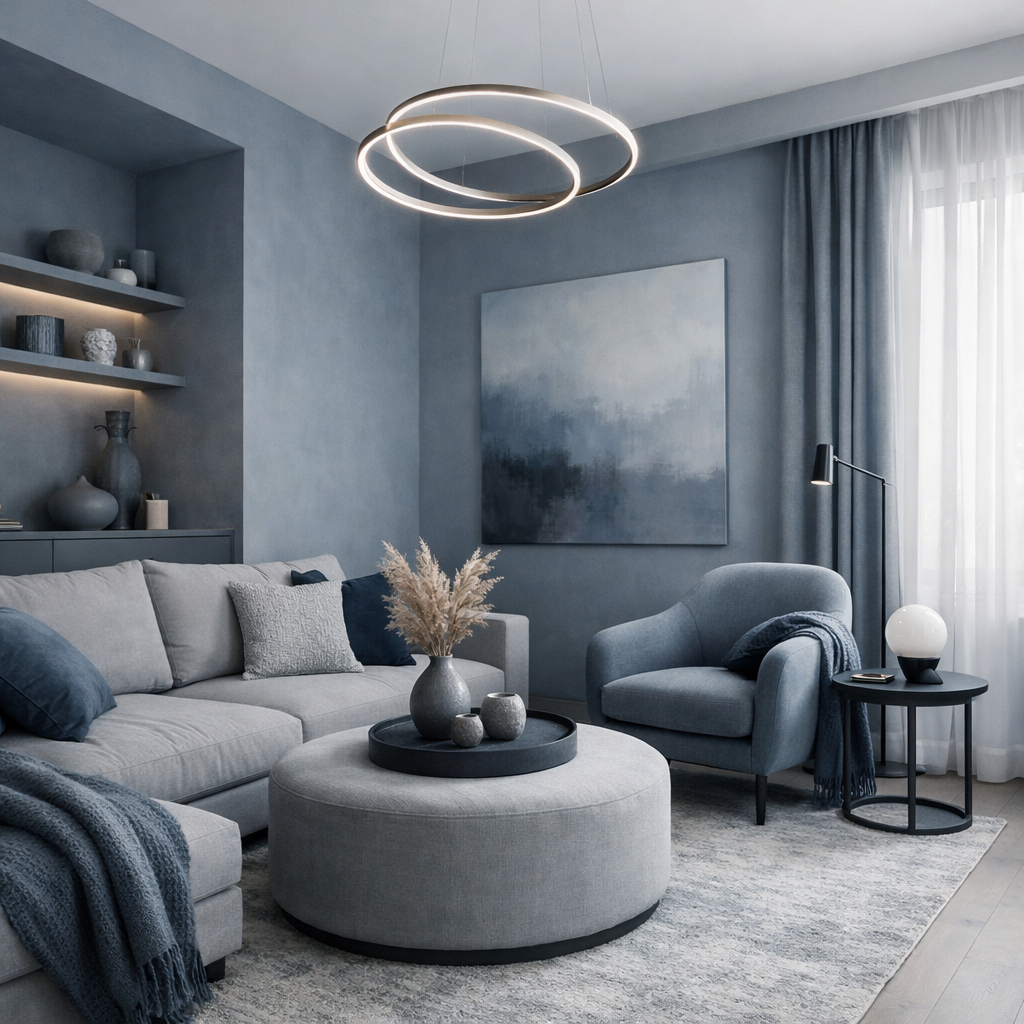 A stylish blue-grey living room with cozy furniture and decor