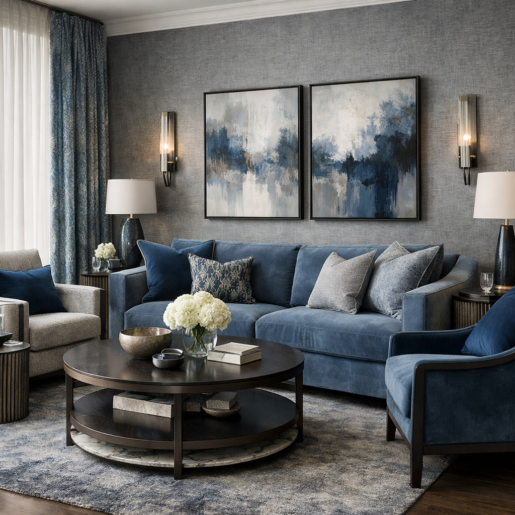 A stylish living room featuring a blue sofa, gray walls, and artistic decor.