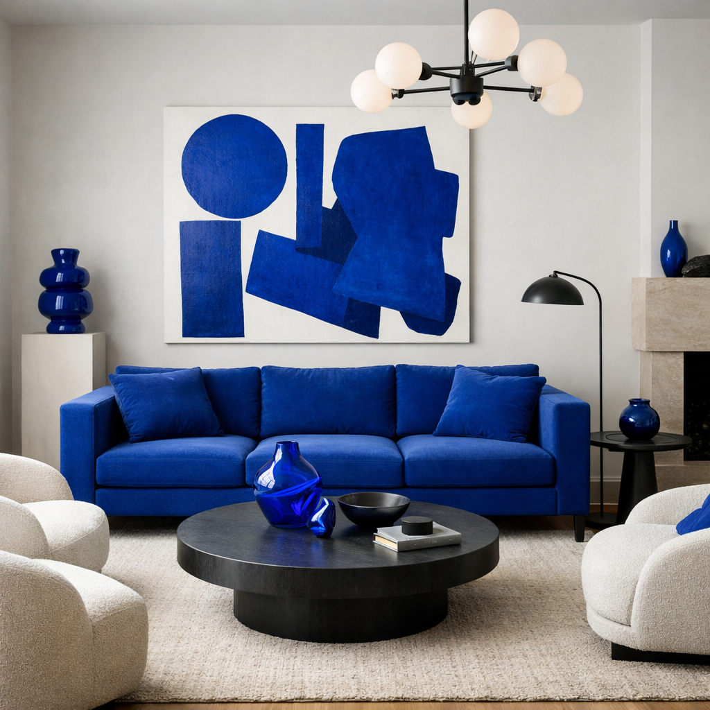 A stylish living room featuring cobalt blue furniture and decor