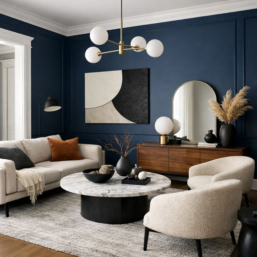 A cozy dark blue living room with white trim, featuring a beige sofa, marble coffee table, and stylish decor.
