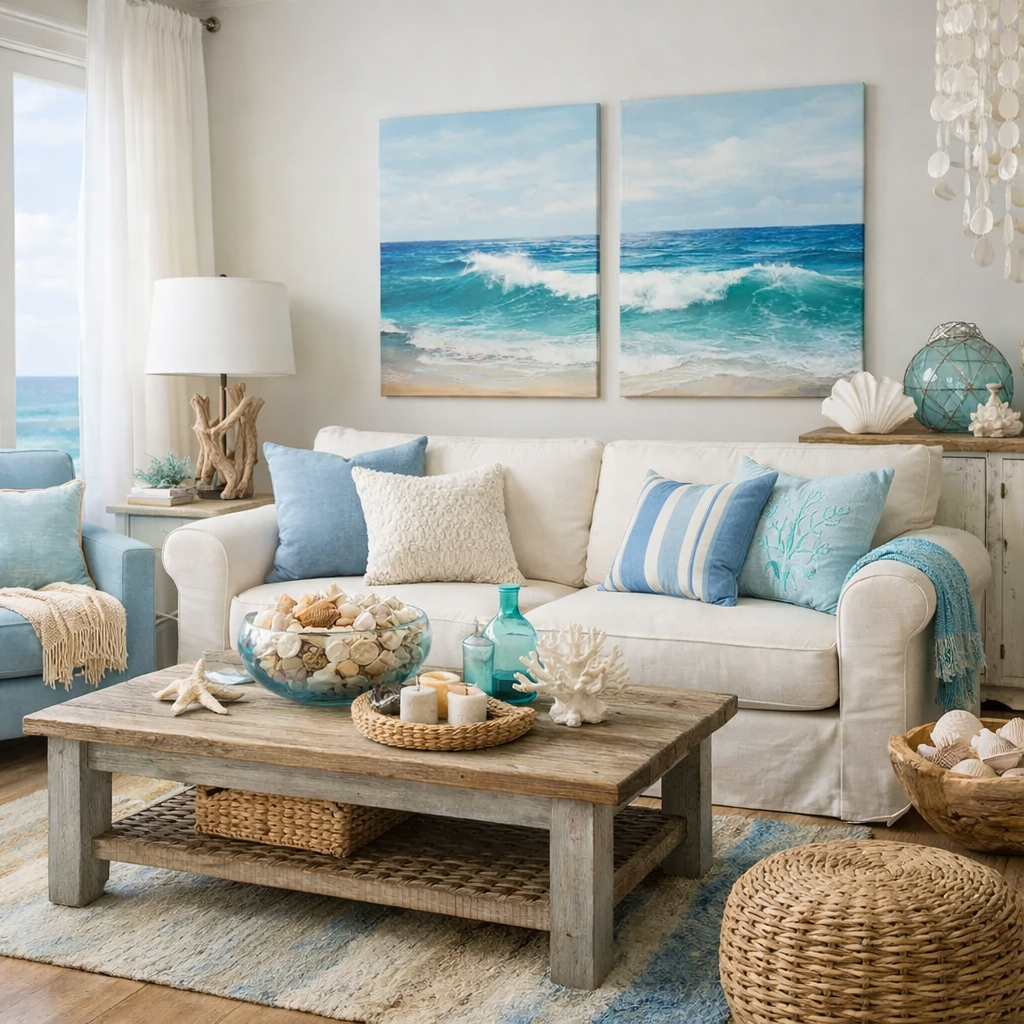 A bright living room with ocean-inspired decor, featuring a white couch with blue pillows, coastal artwork, and decorative seashells.