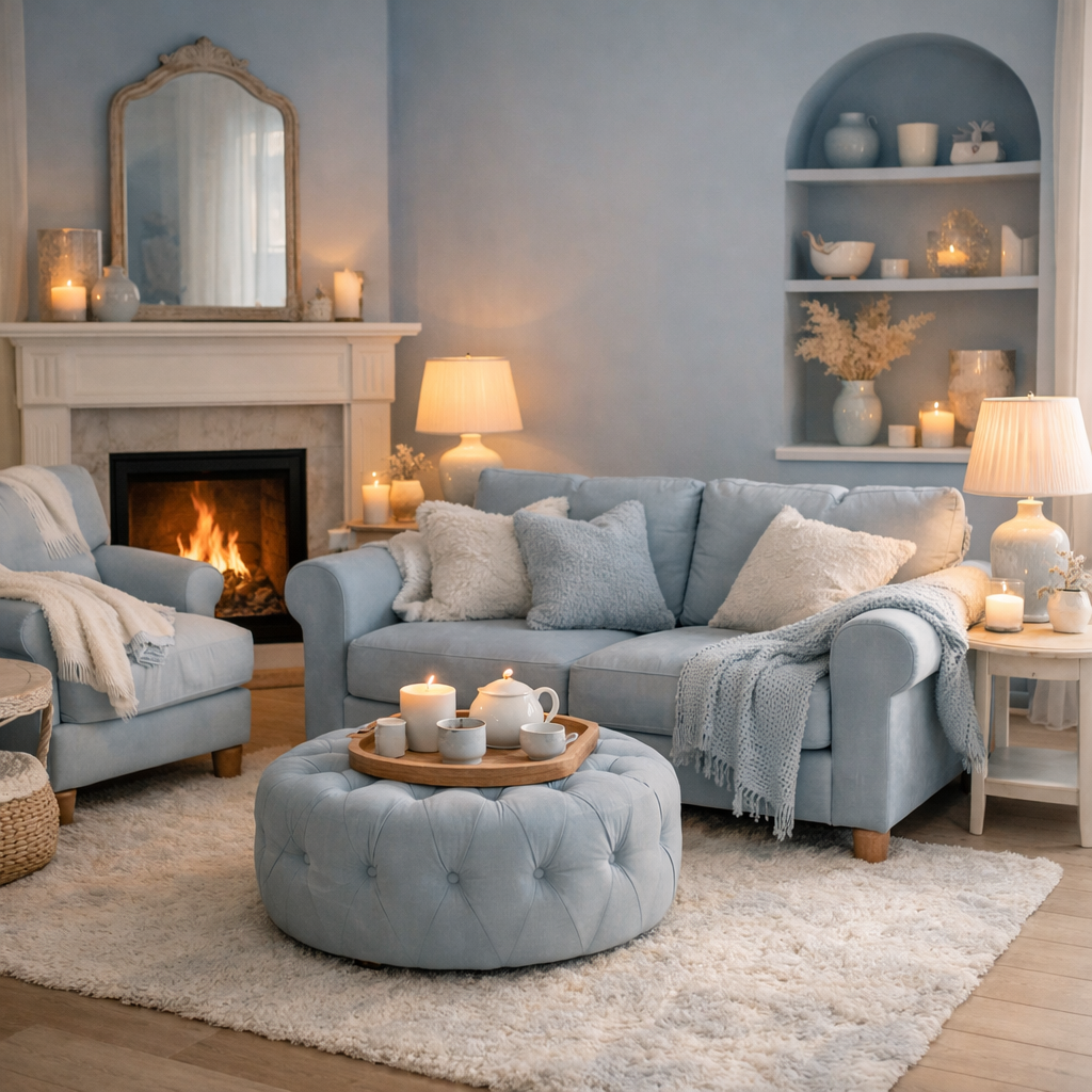 A cozy living room featuring a soft powder blue color scheme with comfortable furniture, a fireplace, and decorative candles.