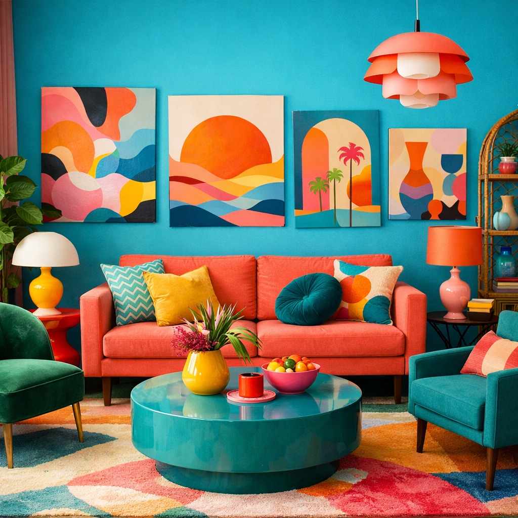 A vibrant turquoise living room featuring a coral sofa, colorful artwork, and decorative accessories.