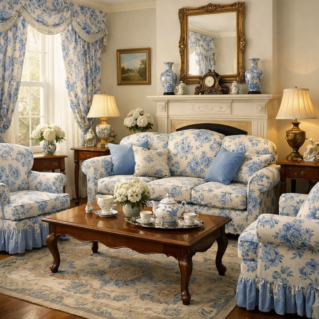 A vintage blue floral living room with a cozy sofa, patterned chairs, and elegant decor.