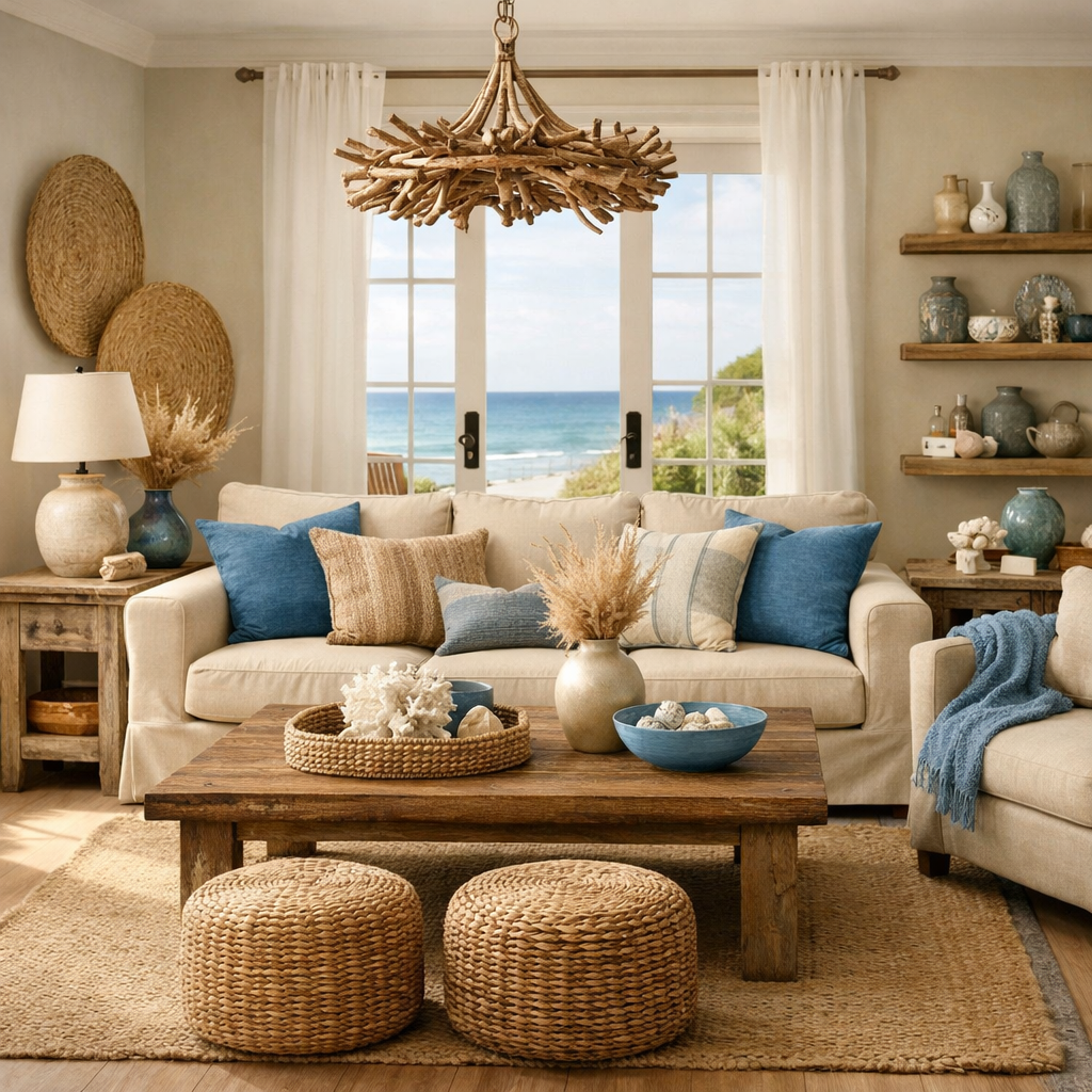 Living room decorated in brown and blue, featuring natural materials and coastal-themed accessories.