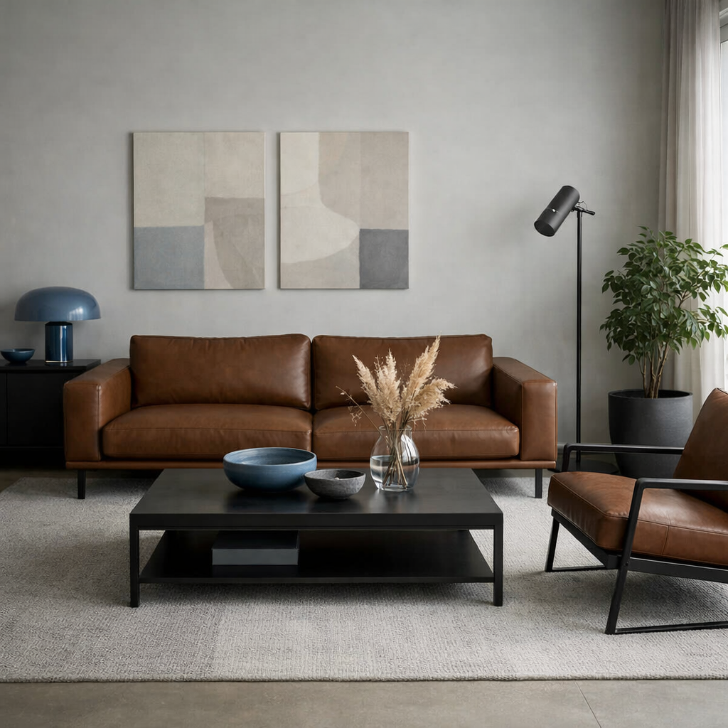 A modern minimalist living room featuring a brown leather sofa, blue lamp, and decorative objects.